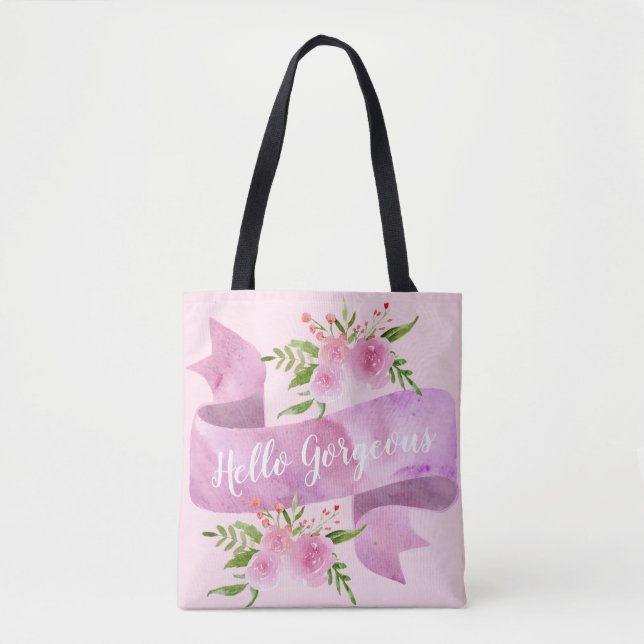 Girly Pretty Chic Floral Blush Pink Hello Gorgeous Tote Bag (Front)