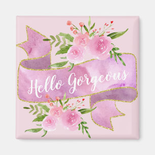 Girly Pretty Floral Blush Pink Hello Gorgeous Gold Magnet