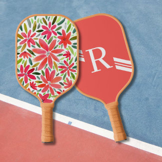 Girly Pretty Monogram Initial Red Florals Pickleball Paddle