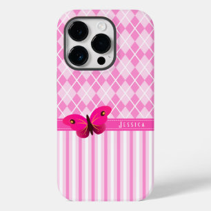 Girly Pretty Pink Argyle and Stripes Butterfly Case-Mate iPhone 14 Pro Case