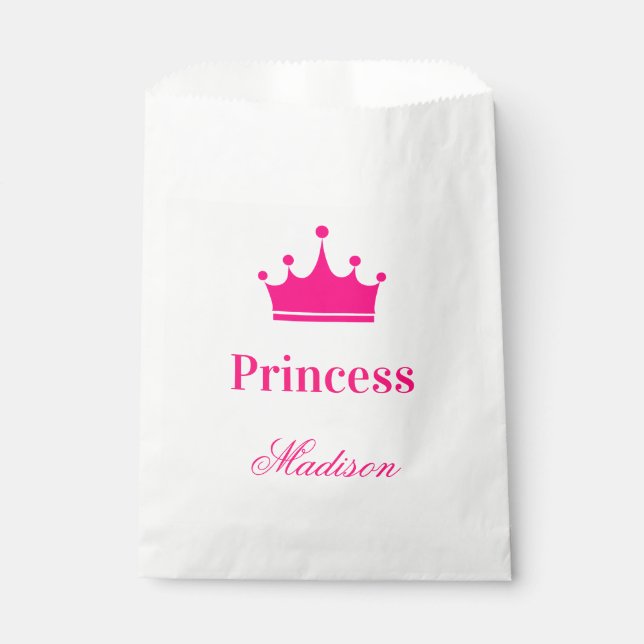 Girly Pretty White & Hot Pink Princess Crown Name Favour Bag (Front)