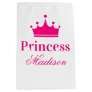 Girly Pretty White & Hot Pink Princess Crown Name Medium Gift Bag