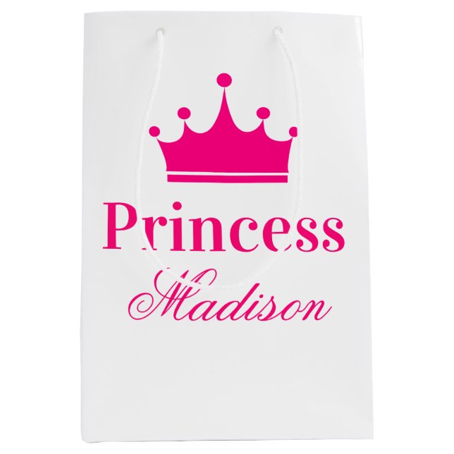 Girly Pretty White & Hot Pink Princess Crown Name Medium Gift Bag (Front)