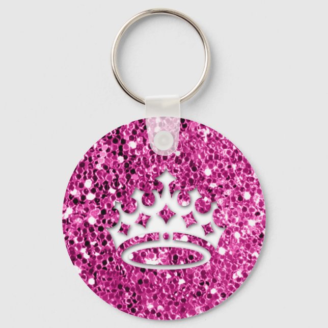 Girly Princess Crown on Pink Glitter Look Keychain (Front)