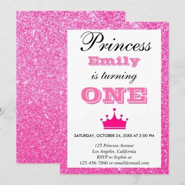 Girly Princess Hot Pink Glitter First Birthday One Invitation (Front/Back)
