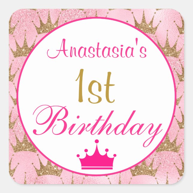 Girly Princess Hot Pink Gold Glitter 1st Birthday Square Sticker (Front)