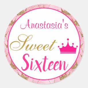 Girly Princess Hot Pink Gold Glitter Sweet Sixteen Classic Round Sticker