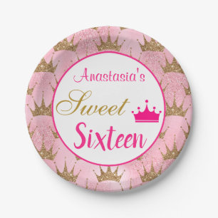 Girly Princess Hot Pink Gold Glitter Sweet Sixteen Paper Plate