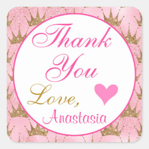 Girly Princess Pink and Gold Glitter Thank You Square Sticker