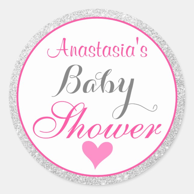 Girly Princess Pink and Silver Glitter Baby Shower Classic Round Sticker (Front)