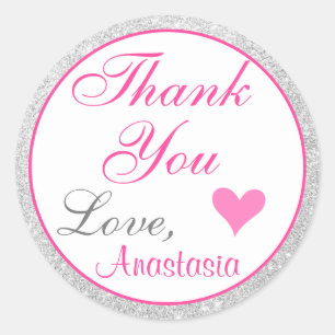 Girly Princess Pink and Silver Glitter Thank You Classic Round Sticker