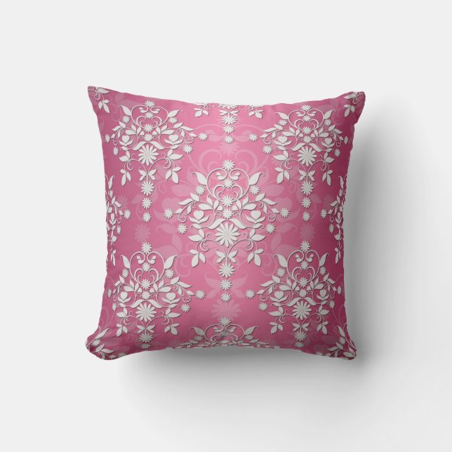 Girly Princess Pink Daisy Damask Throw Pillow (Front)