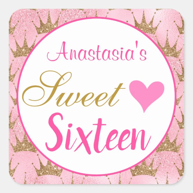Girly Princess Pink Gold Glitter Sweet Sixteen 16 Square Sticker (Front)