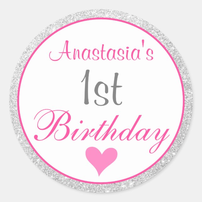 Girly Princess Pink & Silver Glitter 1st Birthday Classic Round Sticker (Front)