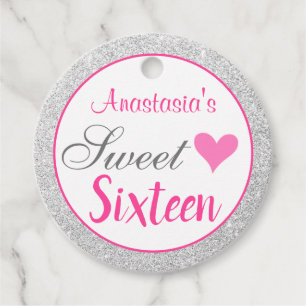 Girly Princess Pink & Silver Glitter Sweet Sixteen Favour Tags