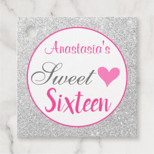 Girly Princess Pink & Silver Glitter Sweet Sixteen Favour Tags