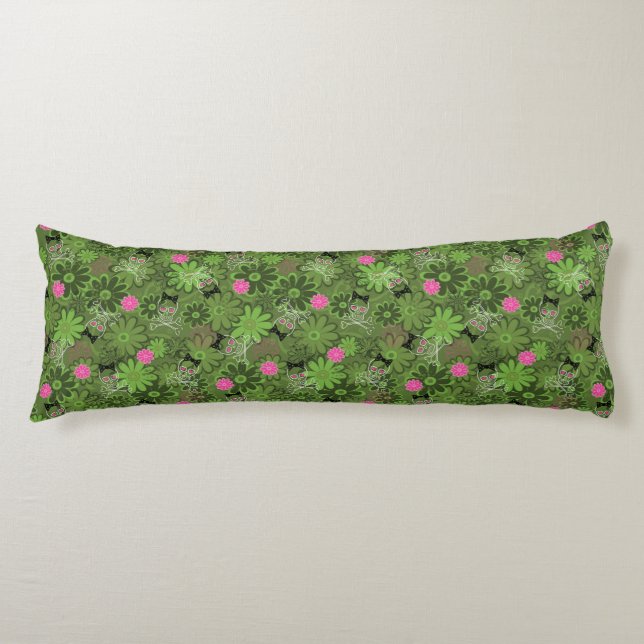 Girly Punk Skulls on Flower Camo background Body Pillow (Front)