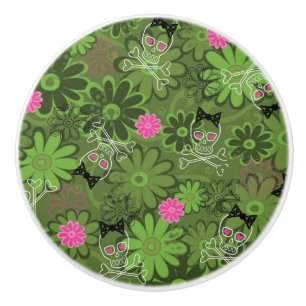 Girly Punk Skulls on Flower Camo background Ceramic Knob