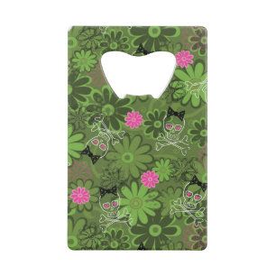 Girly Punk Skulls on Flower Camo background Credit Card Bottle Opener