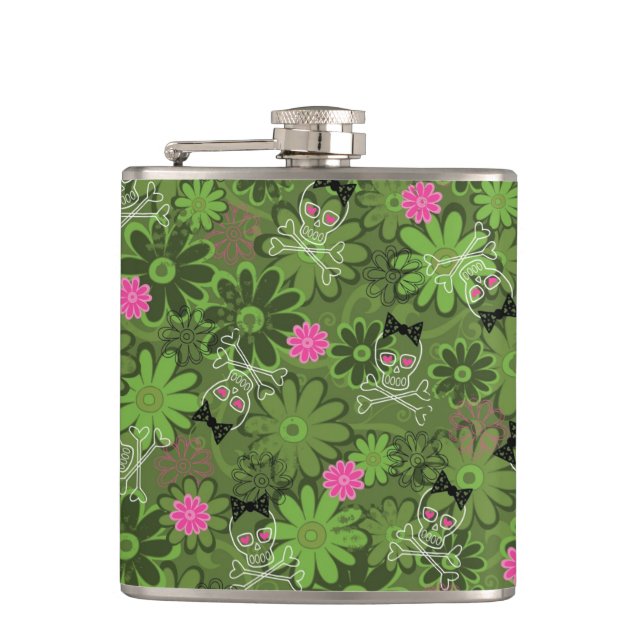 Girly Punk Skulls on Flower Camo background Hip Flask (Front)