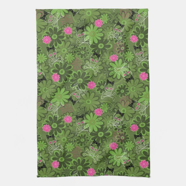 Girly Punk Skulls on Flower Camo background Kitchen Towel (Vertical)