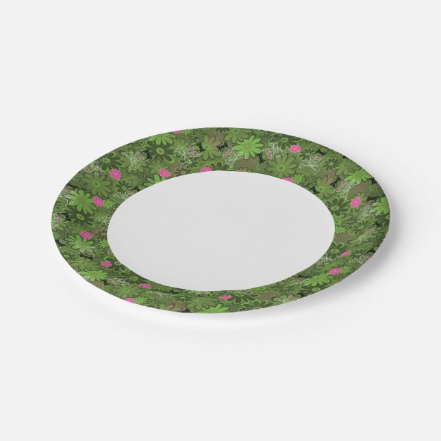 Girly Punk Skulls on Flower Camo background Paper Plate (Angled)