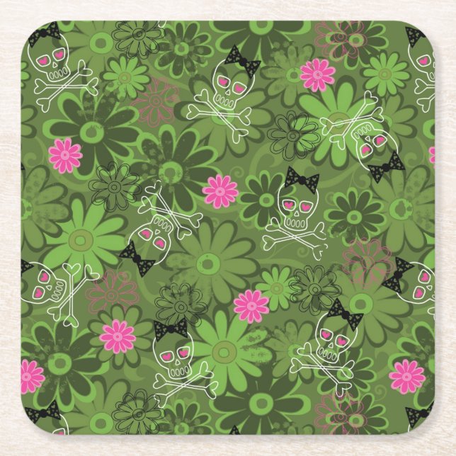 Girly Punk Skulls on Flower Camo background Square Paper Coaster (Front)