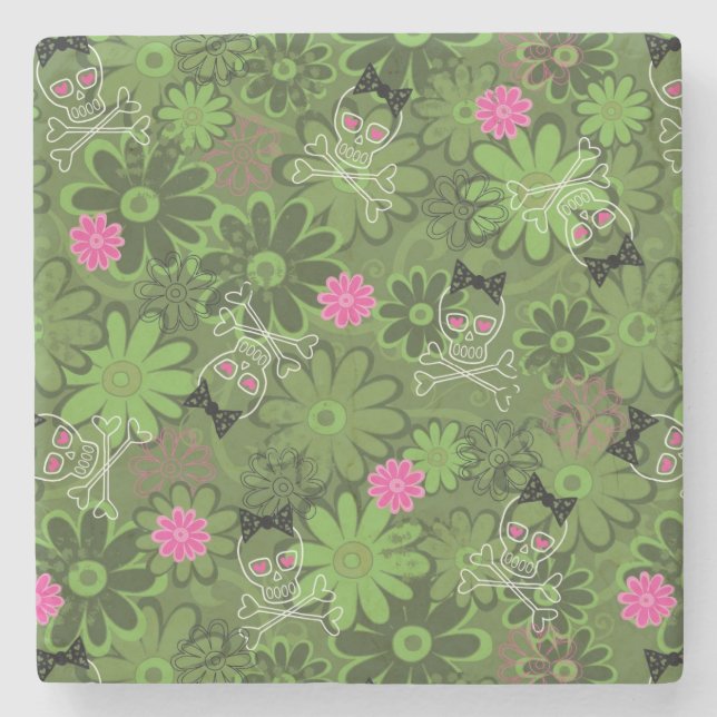 Girly Punk Skulls on Flower Camo background Stone Coaster (Front)