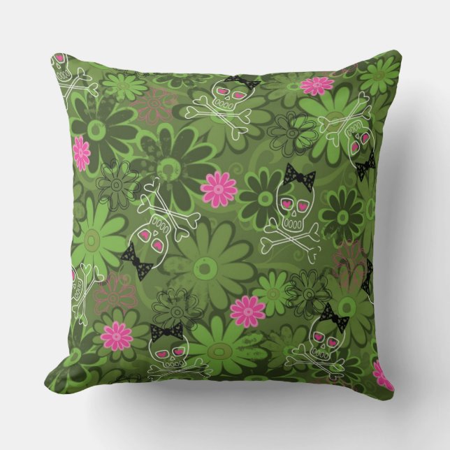 Girly Punk Skulls on Flower Camo background Throw Pillow (Front)