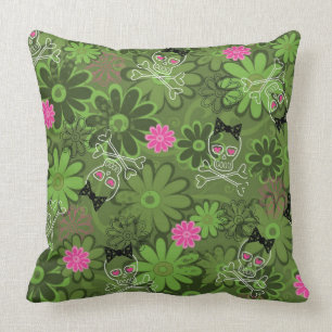 Girly Punk Skulls on Flower Camo background Throw Pillow