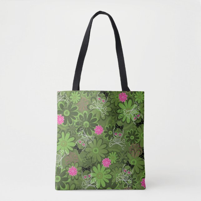 Girly Punk Skulls on Flower Camo background Tote Bag (Front)