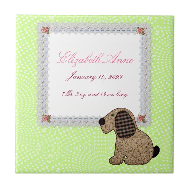 Girly Puppy Dog Baby Girl Birth Announcement Tile (Front)