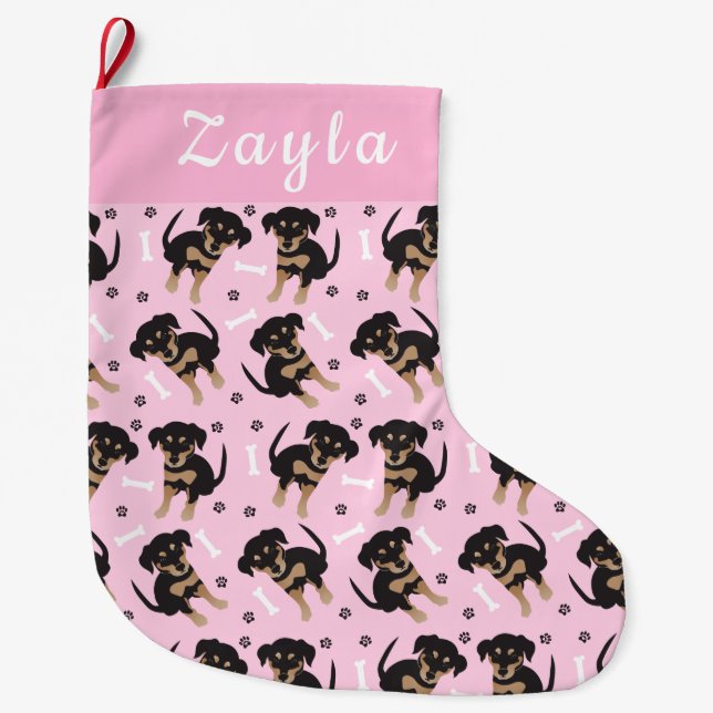 Girly Puppy Pattern Pink Large Christmas Stocking (Front)