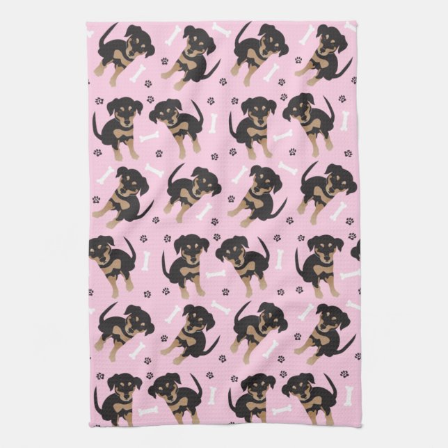 Girly Puppy Paw Print Dog Bone Pattern Pink Kitchen Towel (Vertical)