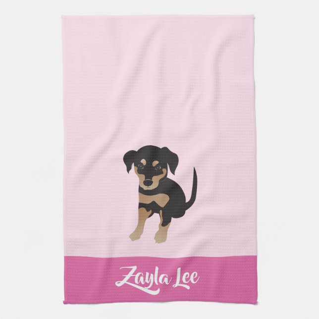 Girly Puppy Personalizable Dog Name Pink Kitchen Towel (Vertical)