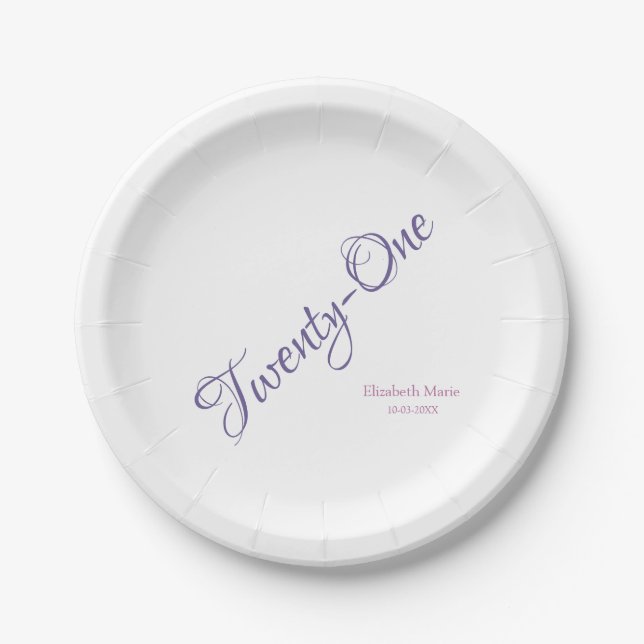 Girly Purple 21st Birthday Party Personalized Paper Plate (Front)