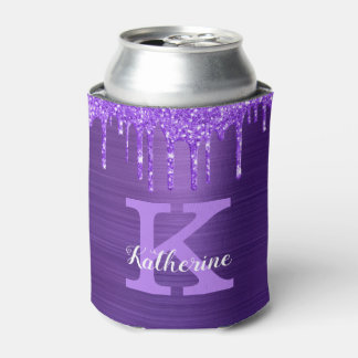 Girly Purple Amethyst Glitter Drips Monogram Name Can Cooler