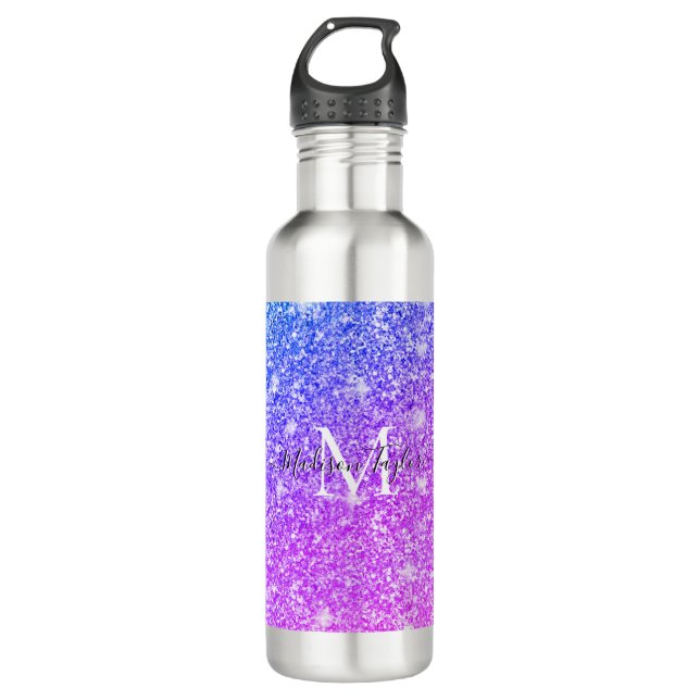 Girly Purple and Pink Glitter Monogram Name    710 Ml Water Bottle (Front)