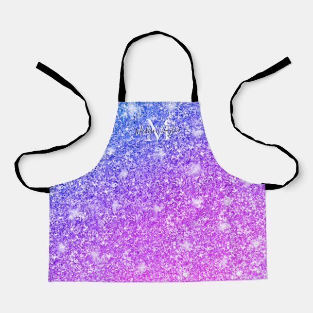 Girly Purple and Pink Glitter Monogram Name    Apr Apron (Front)