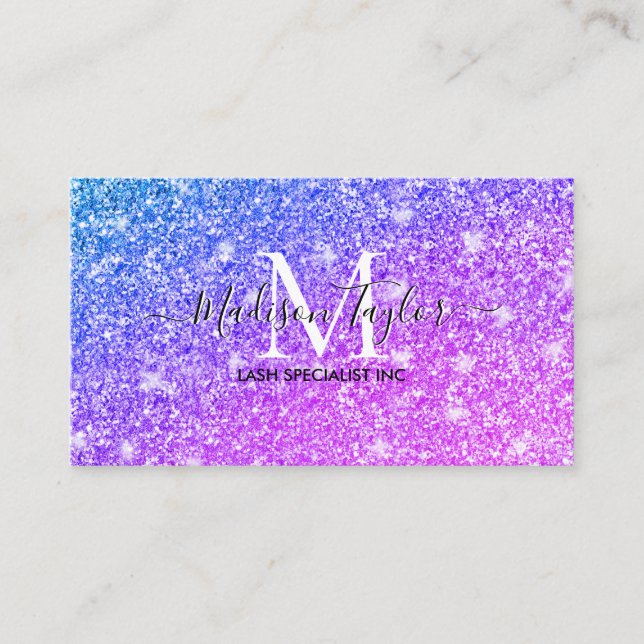 Girly Purple and Pink Glitter Monogram Name    Business Card (Front)