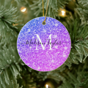 Girly Purple and Pink Glitter Monogram Name        Ceramic Ornament