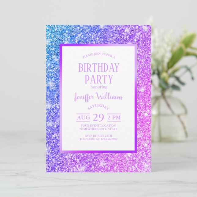 Girly Purple and Pink Glitter Monogram Name        Invitation (Standing Front)