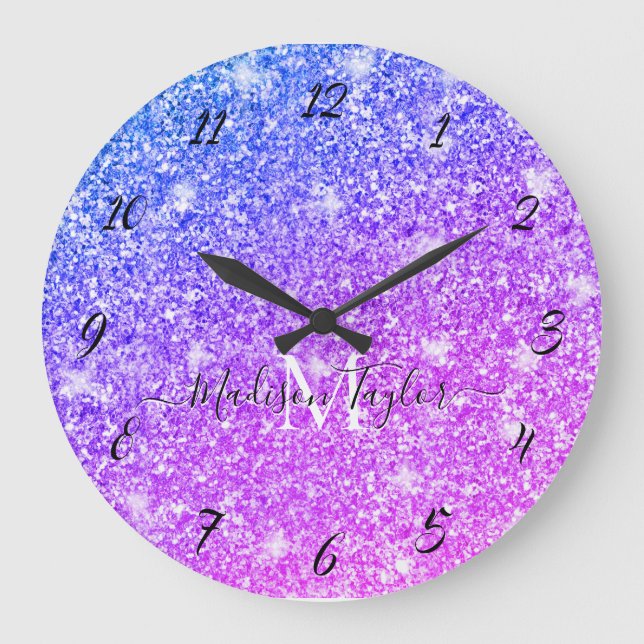 Girly Purple and Pink Glitter Monogram Name        Large Clock (Front)