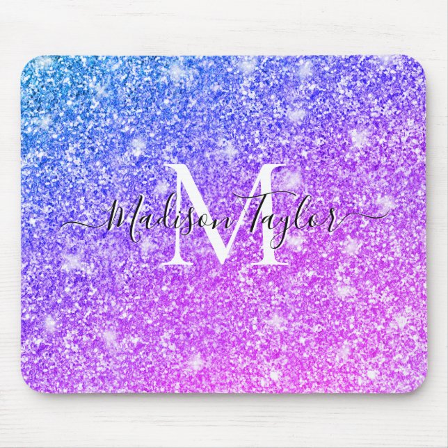 Girly Purple and Pink Glitter Monogram Name    Mouse Pad (Front)