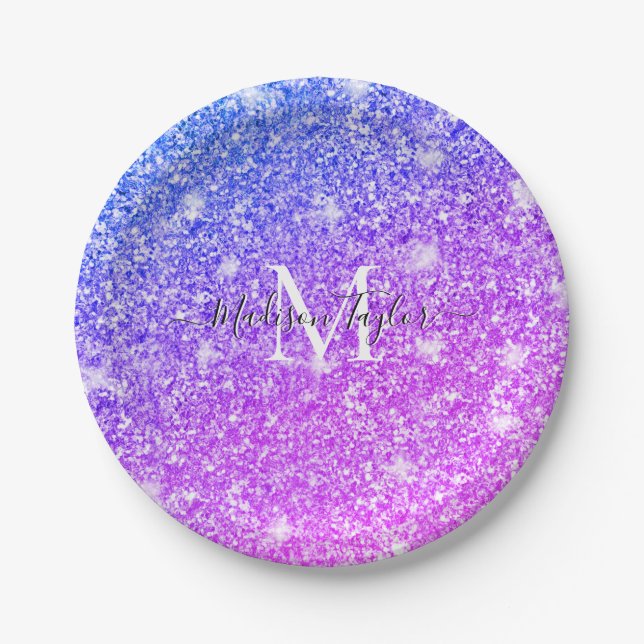 Girly Purple and Pink Glitter Monogram Name    Paper Plate (Front)