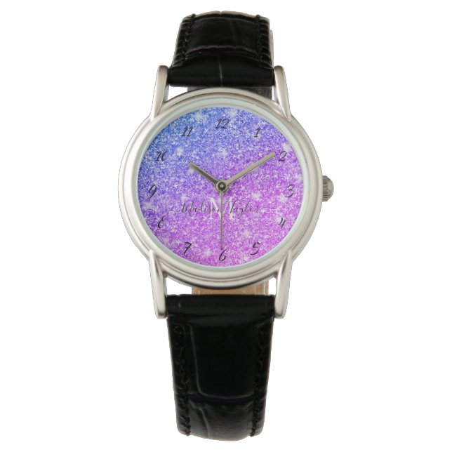 Girly Purple and Pink Glitter Monogram Name        Watch (Front)