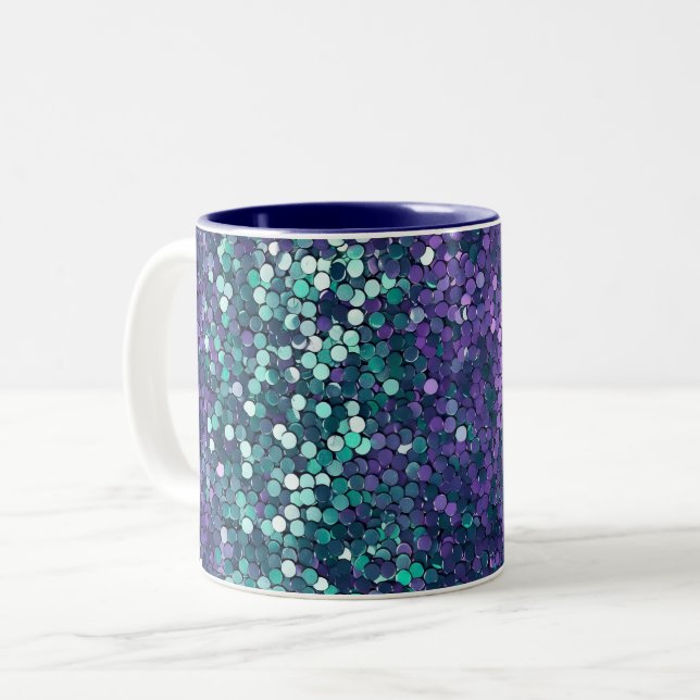 Girly Purple Aqua Mermaid Sparkle Two-Tone Coffee Mug (Front Left)