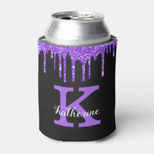 Girly Purple Black Glitter Drips Monogram Name Can Cooler