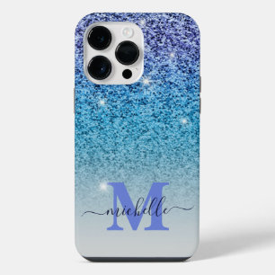 Girly Purple & Blue Glitter Ombre Monogrammed iPhone 14 Pro Max Case