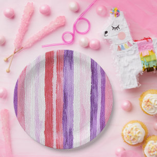 Girly Purple Blush Pink Red Stripes Birthday Paper Plate